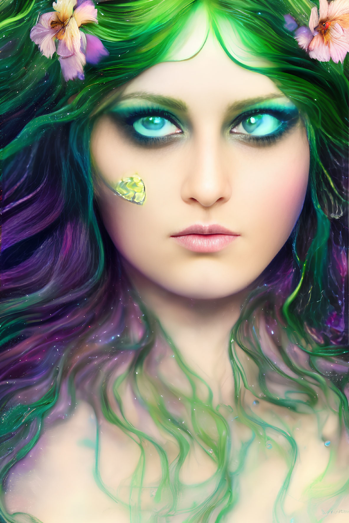 Colorful digital portrait of a woman with green eyes, multicolored hair, flowers, and a