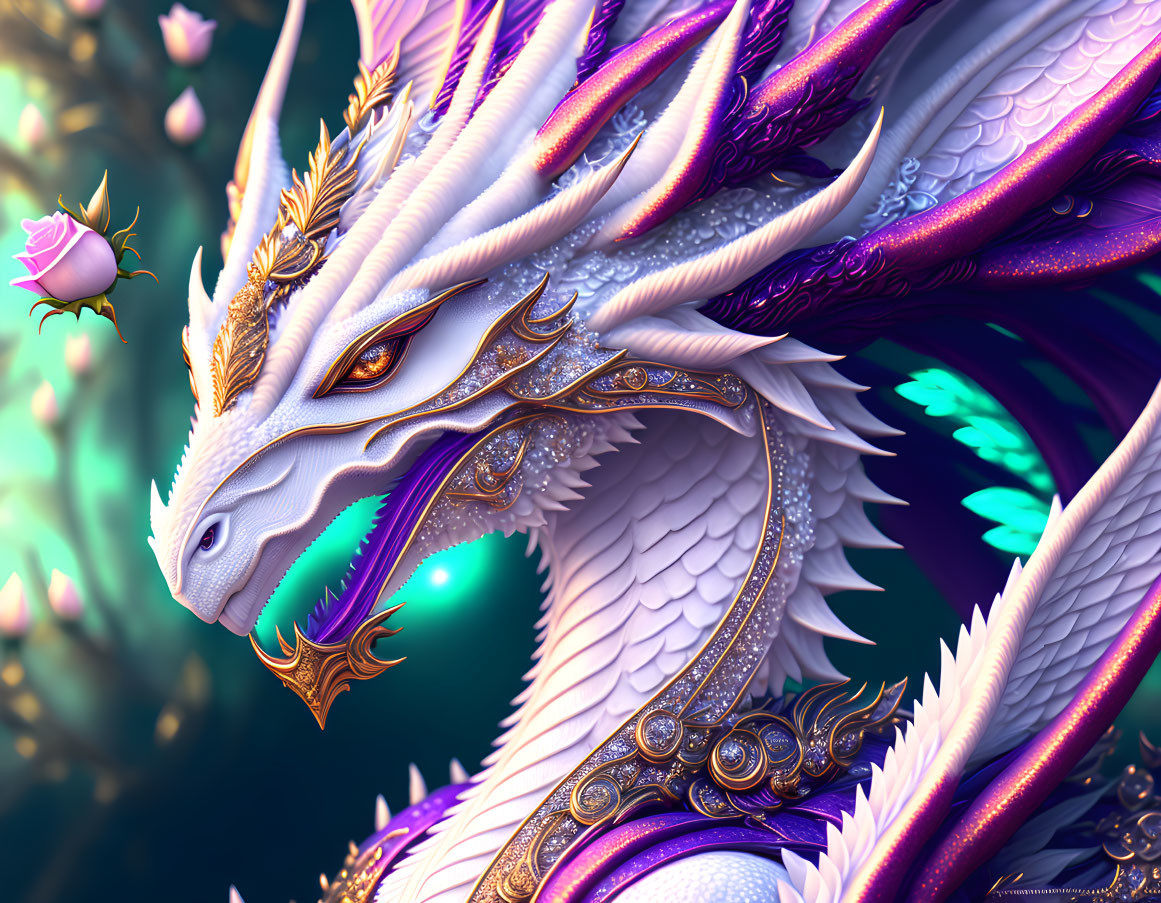 Purple and White Dragon Artwork with Gold and Silver Details on Pink Petals