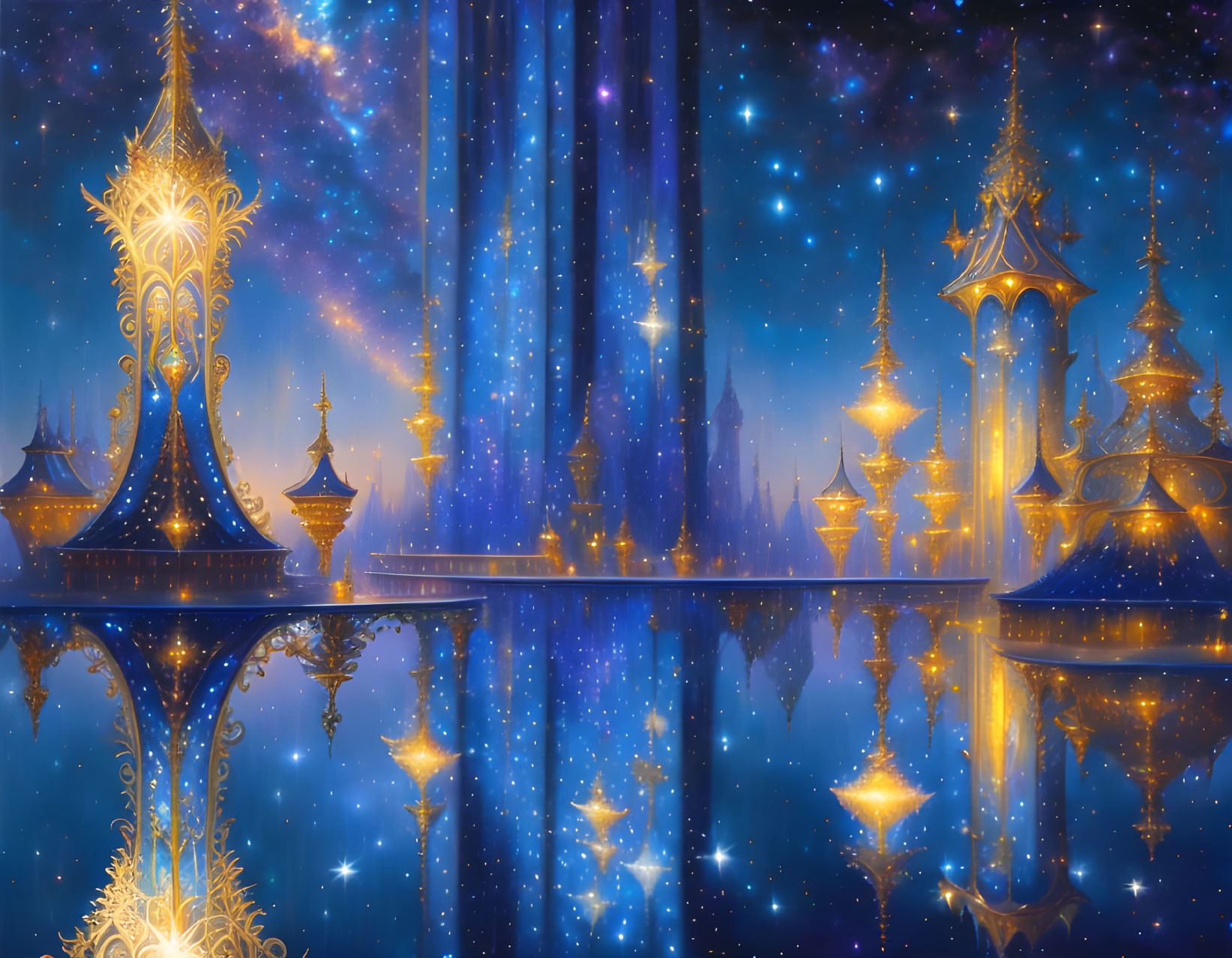 Night scene with illuminated ornate spires reflected on tranquil surface under starry sky with nebulae