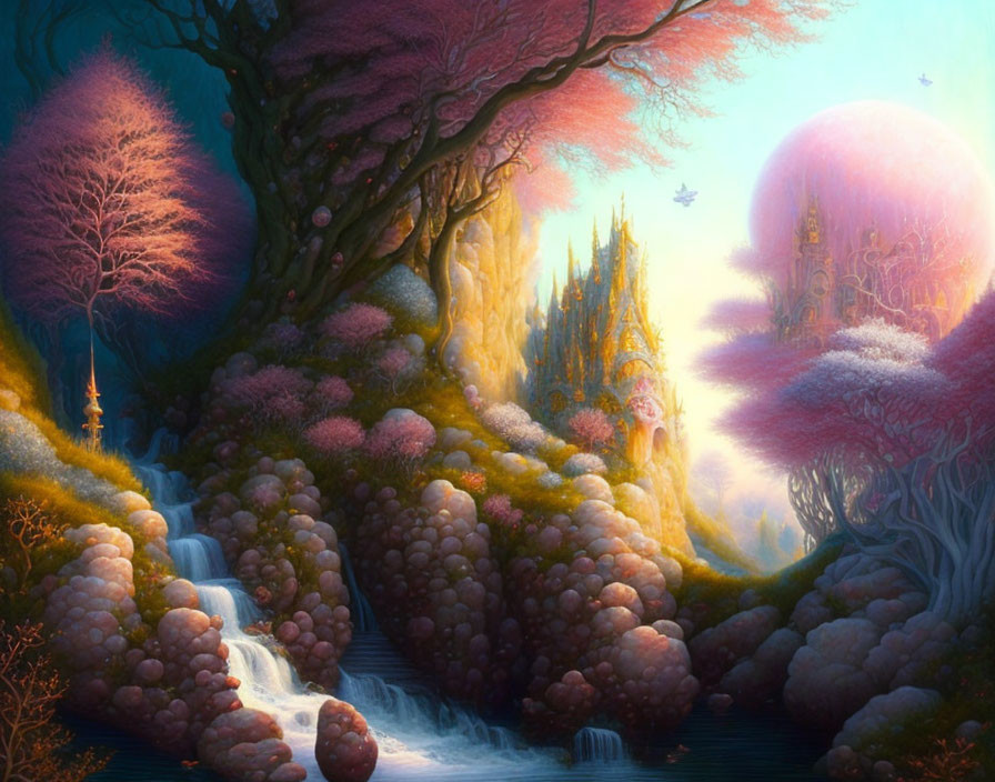 Fantastical landscape with pink trees, castle, waterfall, and oversized flora in warm light