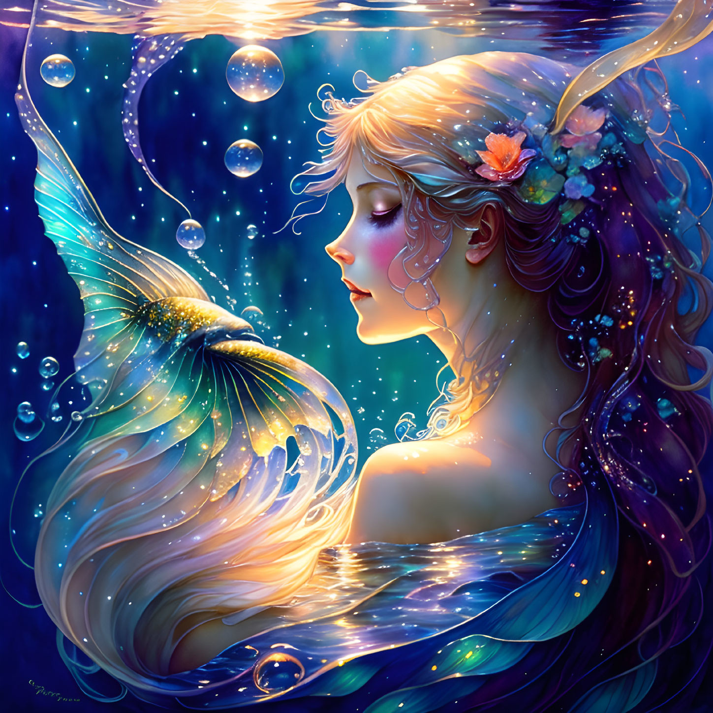 Fantasy underwater scene with woman and glowing fish-like creature