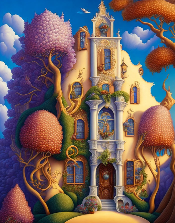 Fantasy house painting with colorful trees under blue sky