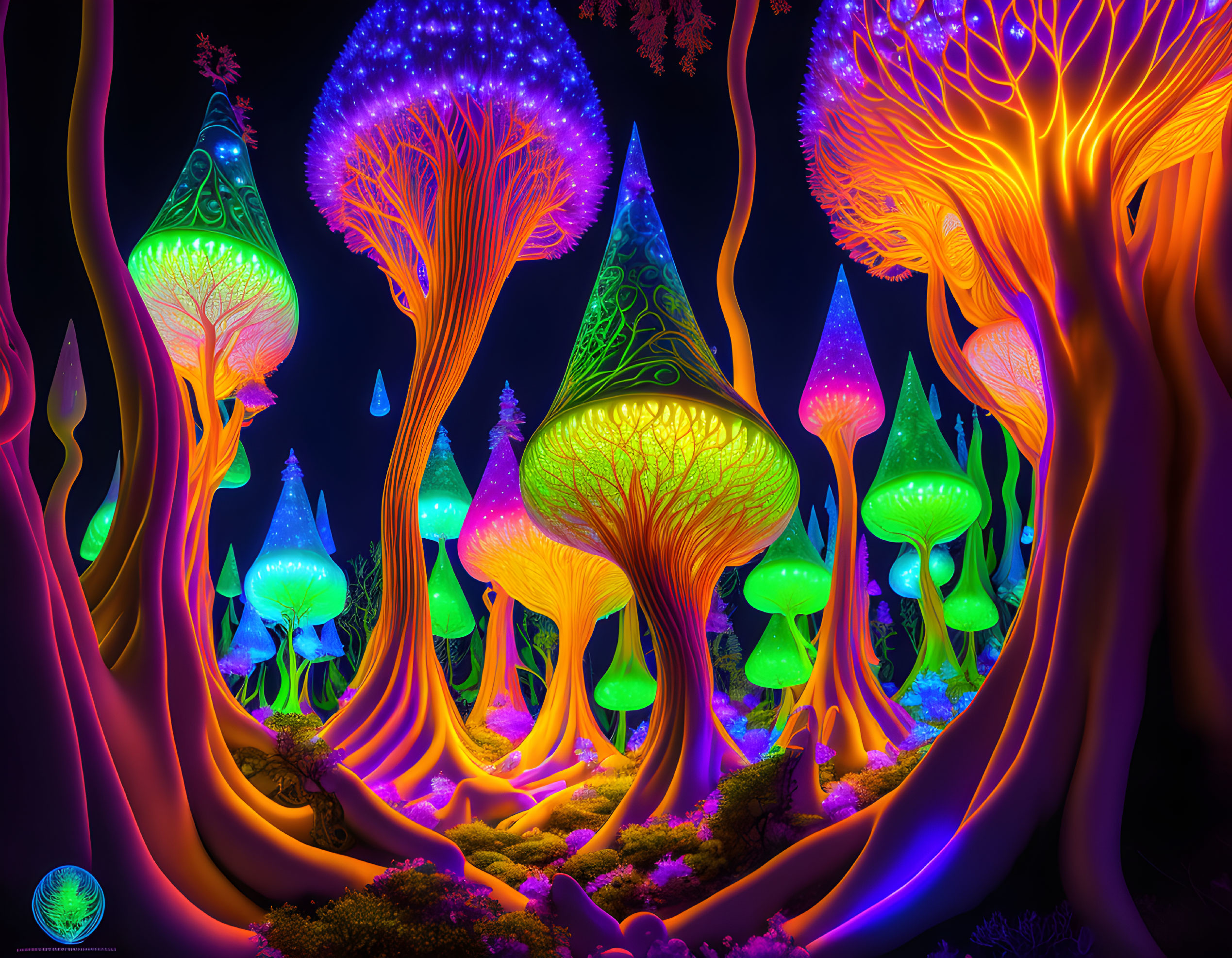 Fantasy forest with neon colors and luminous plants