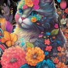 Vibrant Cat and Flowers Illustration with Bright Colors