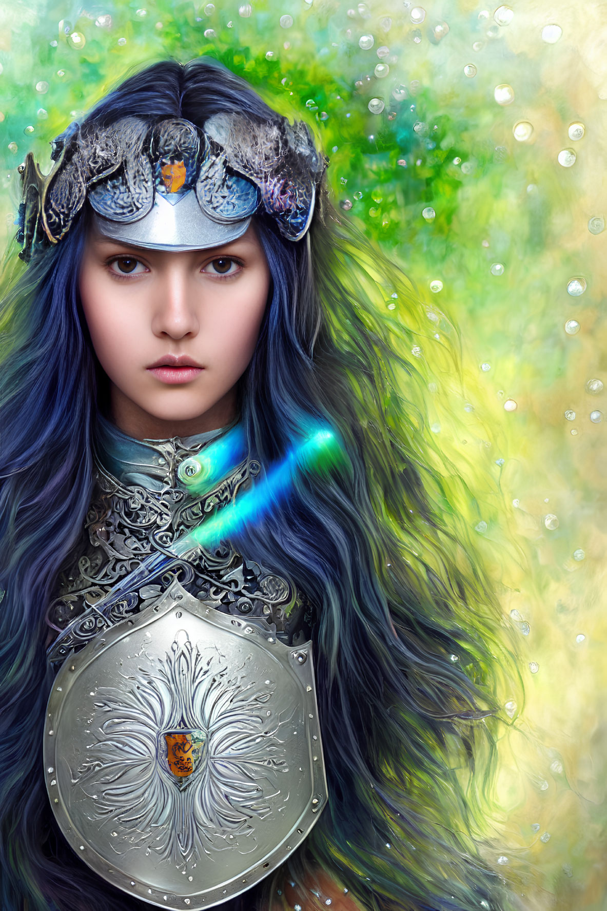 Young woman in blue hair and ornate armor with shield and winged helmet in digital illustration
