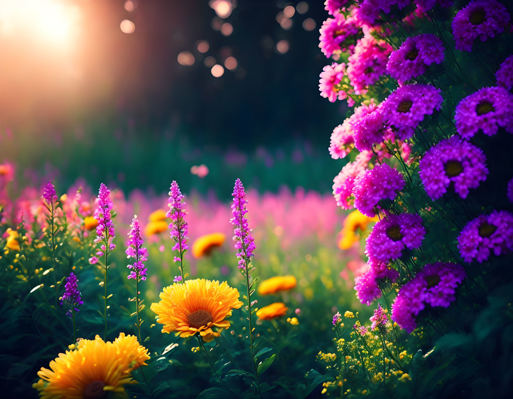 Vibrant Purple and Yellow Flowers in Golden Sunset Light