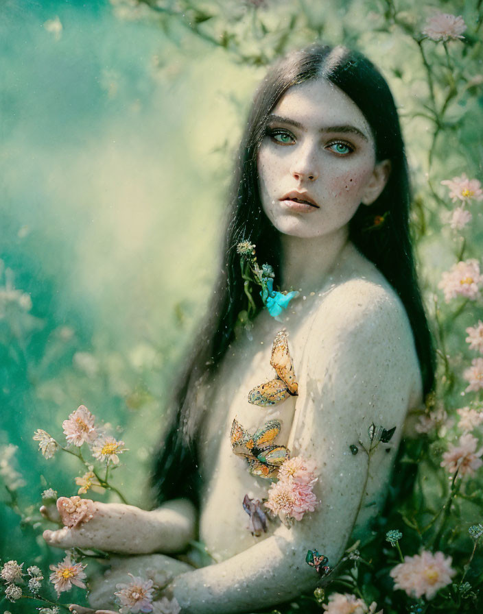 Young woman in serene botanical setting with butterflies and soft-focus backdrop