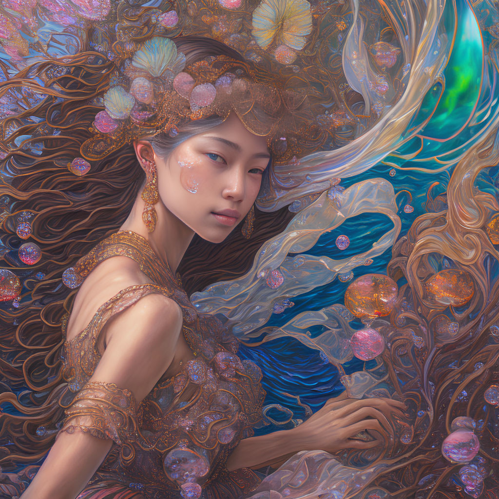 Fantastical digital artwork of a woman in swirling colors and intricate jewelry