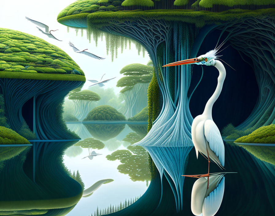 Surreal landscape with white stork, intricate trees, and flying birds