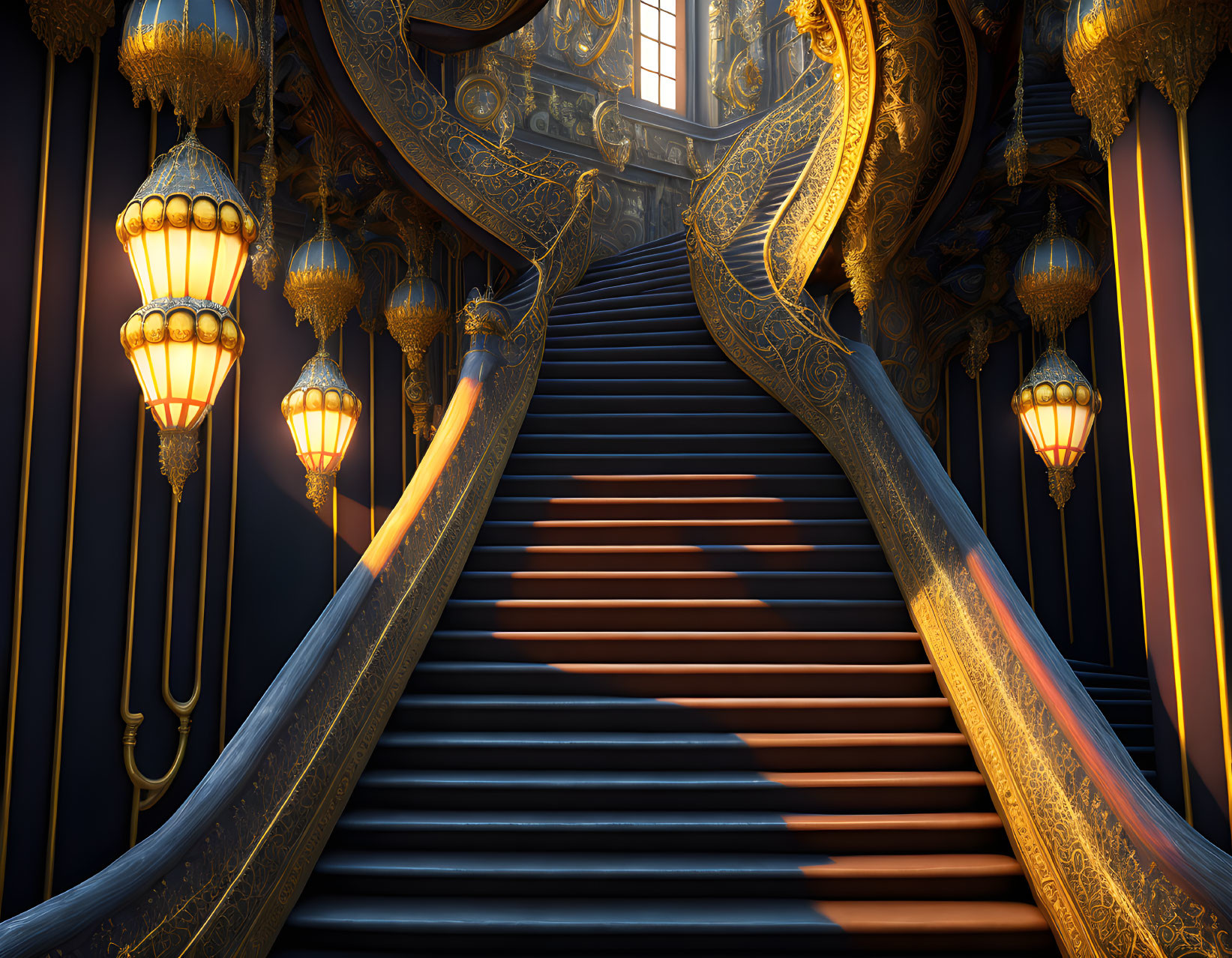 Luxurious ornate staircase with golden embellishments and warm glowing lamps against dark walls