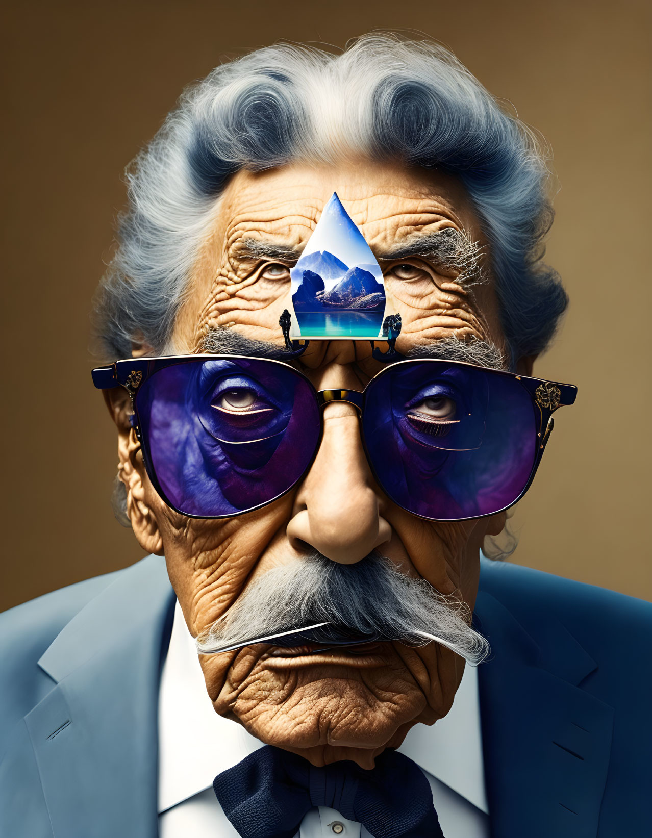 Elderly gentleman with mustache and gray hair in blue-tinted sunglasses