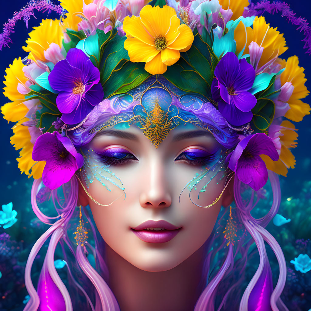 Colorful illustration of woman with purple hair, floral crown, mask, butterflies on blue background