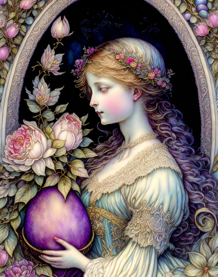 Pastel portrait of woman with flowing hair, flower crown, holding plum among roses.