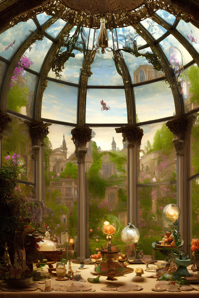 Victorian conservatory with greenery, intricate architecture, and floating bubbles under glass dome.