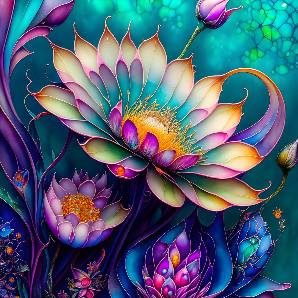 Colorful digital artwork featuring stylized flowers in purple, pink, and yellow on teal background.