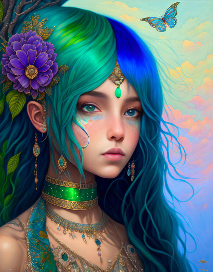 Digital artwork featuring female with teal hair, purple flowers, golden jewelry, butterfly, pastel sky