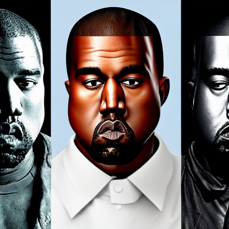Three stylized portraits of a man with different expressions and artistic styles on blue and black backgrounds