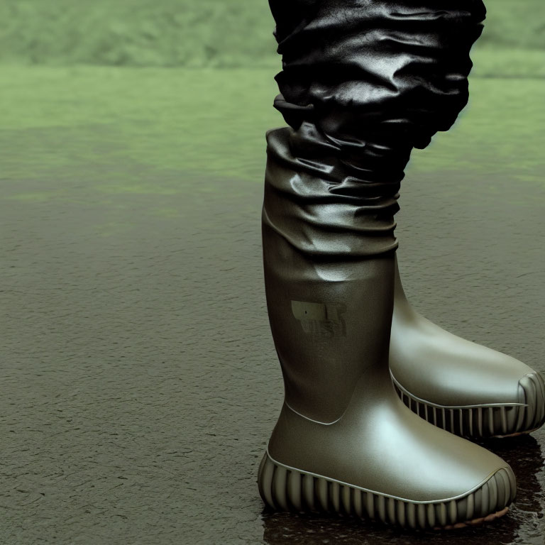 Individual in black pants and grey rubber boots standing in shallow water.