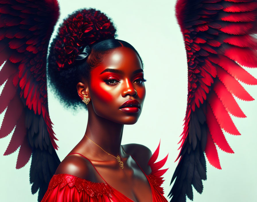 Portrait of woman with dark skin, red makeup, angelic wings, red dress, ruffled neckline