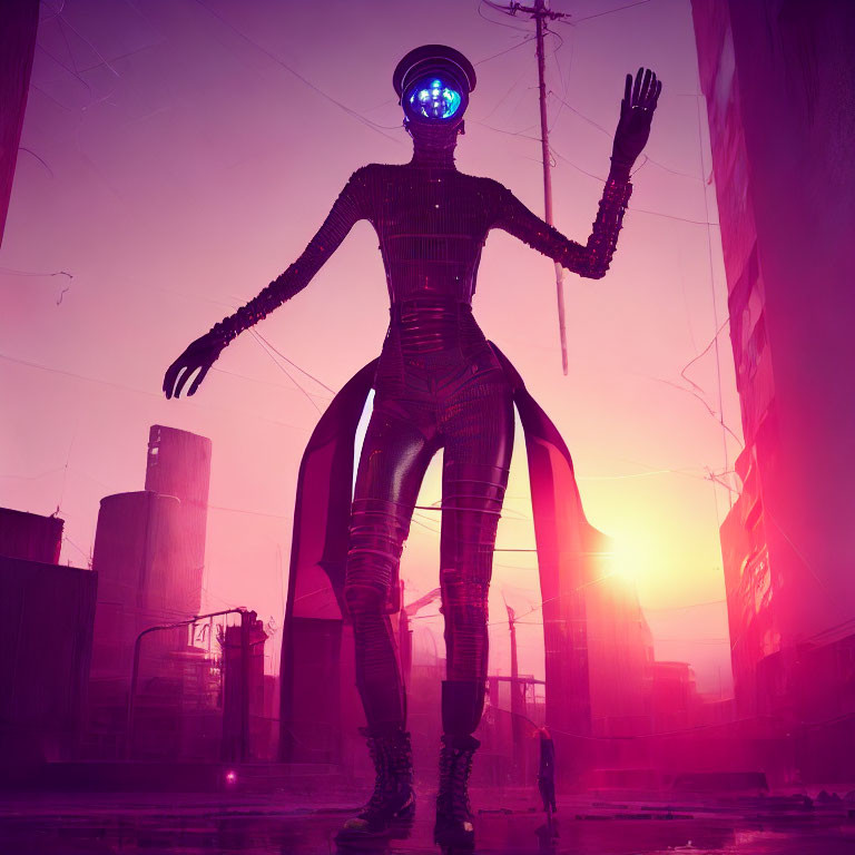 Glowing blue-faced humanoid robot in futuristic cityscape at sunset