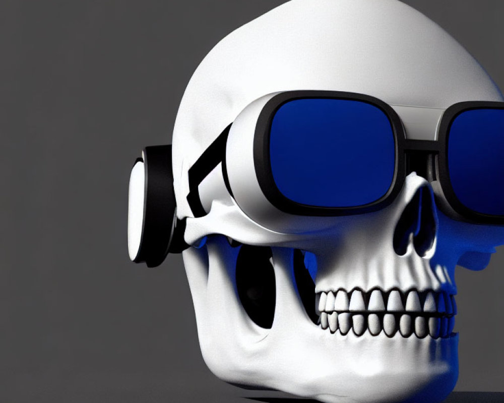 Skull with Sunglasses and Headphones on Gray Background