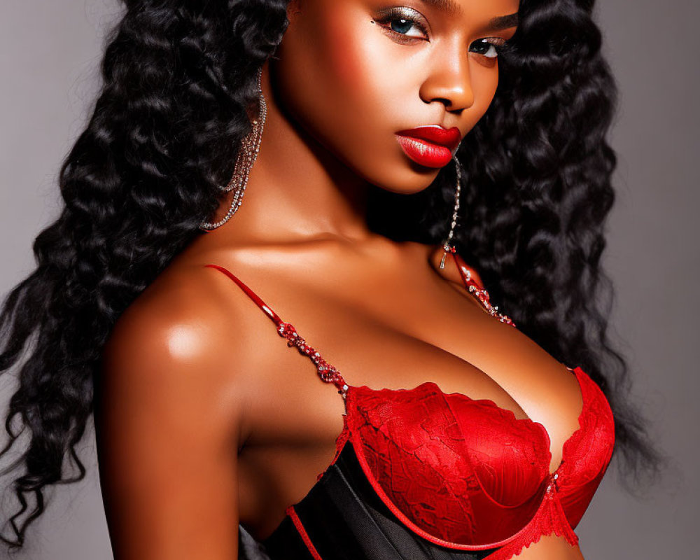 Curly Haired Woman in Red Lipstick and Lace Bra Portrait