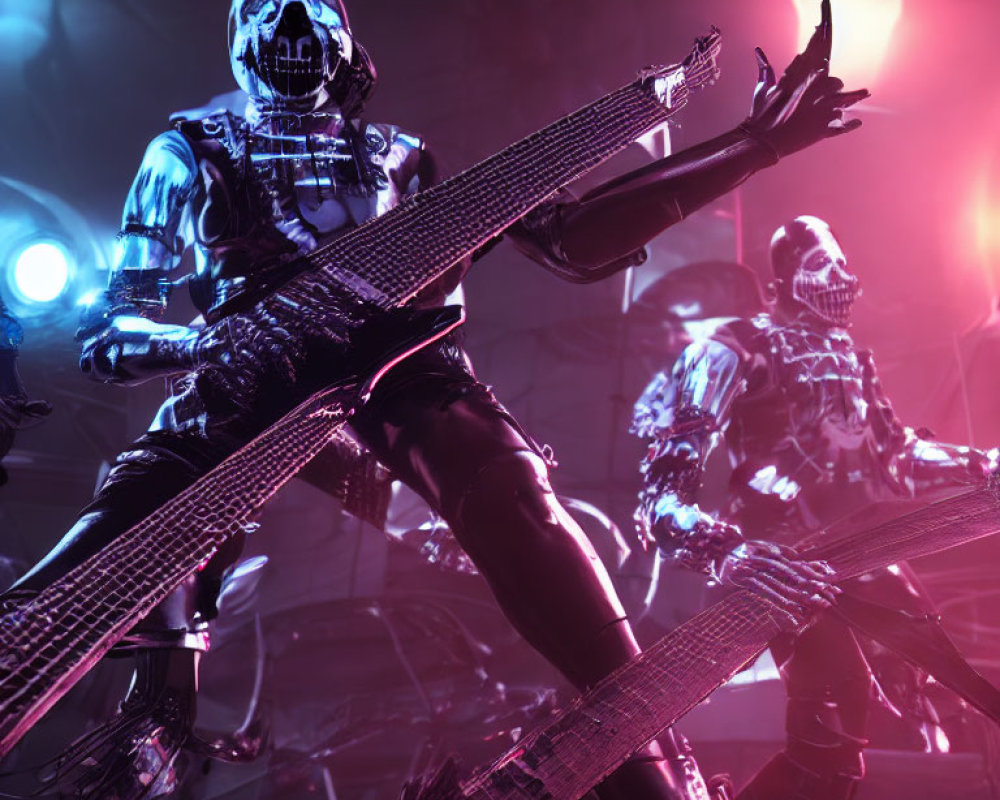 Futuristic skeleton figures playing guitars on stage with purple and blue lighting