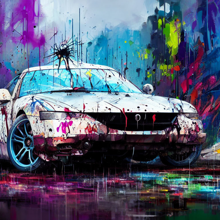 Abstract splattered-paint car with turquoise wheels in colorful cityscape