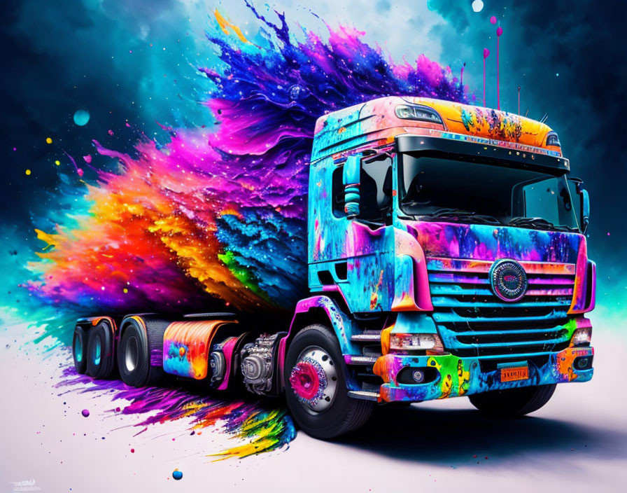 Colorful semi-truck with paint splashes on dark background