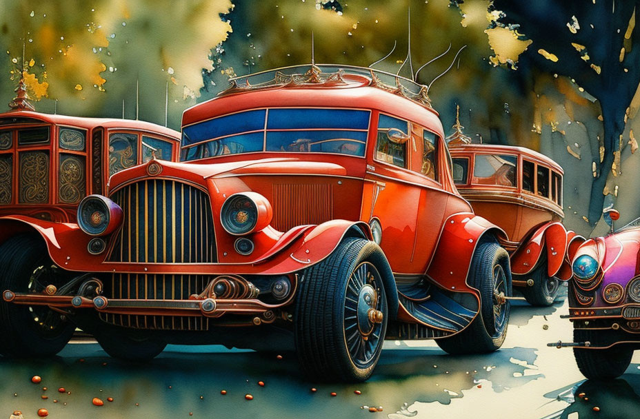 Classic Red Cars with Wood Paneling in Autumn Setting