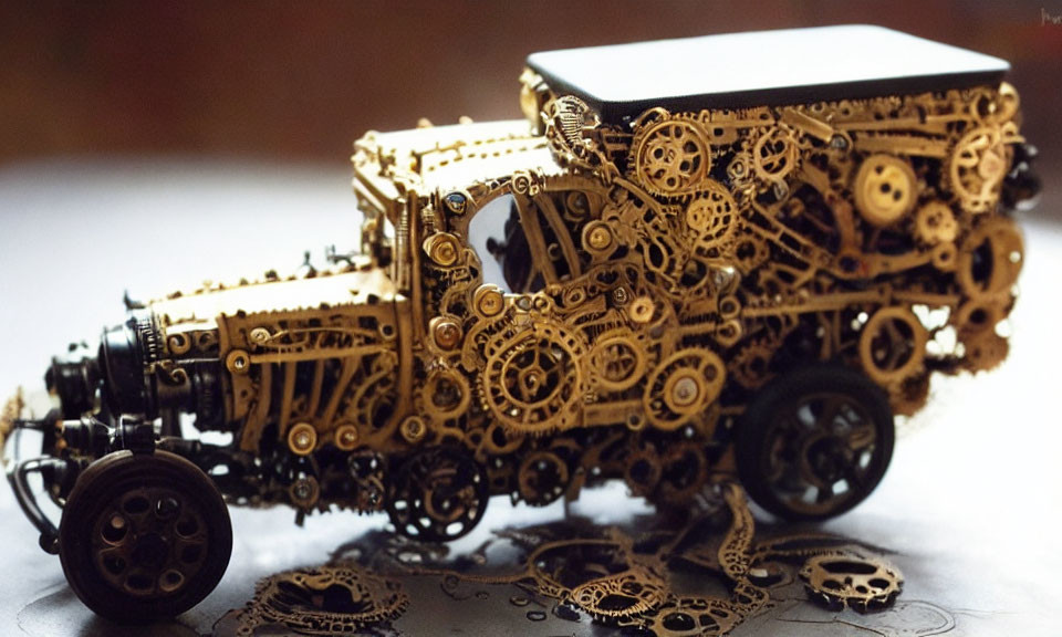 Steampunk-inspired model car with intricate gears and mechanical parts