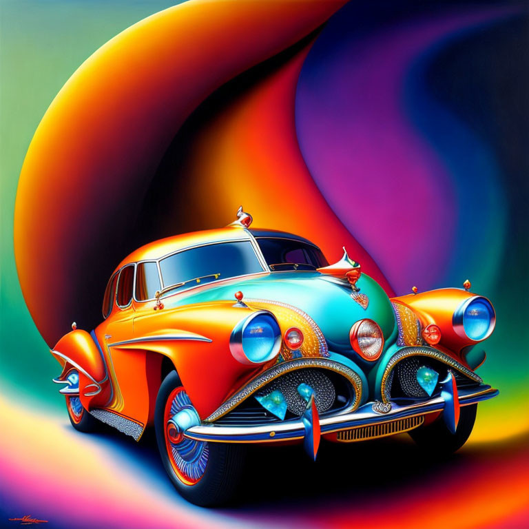 Colorful Surrealist Painting of Exaggerated Classic Car