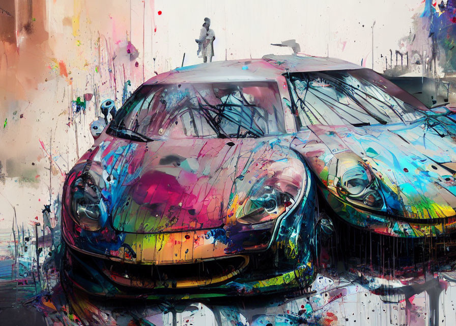 Vibrant splatter-painted sports cars with person in abstract background