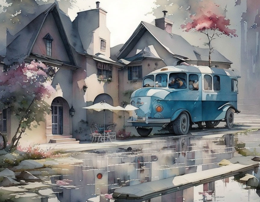 Vintage Blue Bus Parked in Front of Quaint House with Blossoming Trees