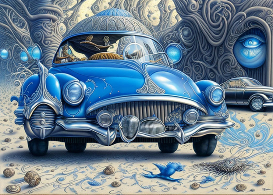 Vivid surreal illustration of classic blue car in organic environment
