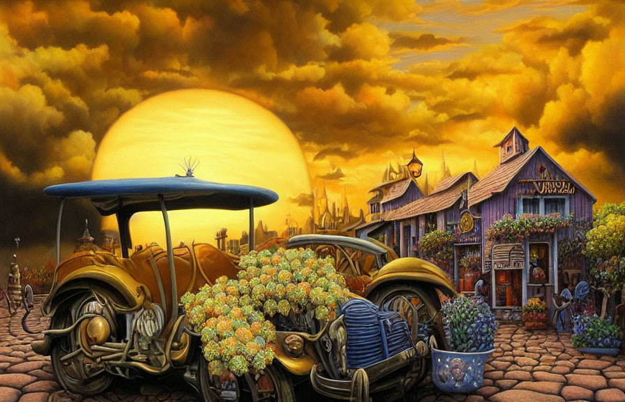 Colorful Sunset Scene with Vintage Cars and Flowers Outside "Vincent's