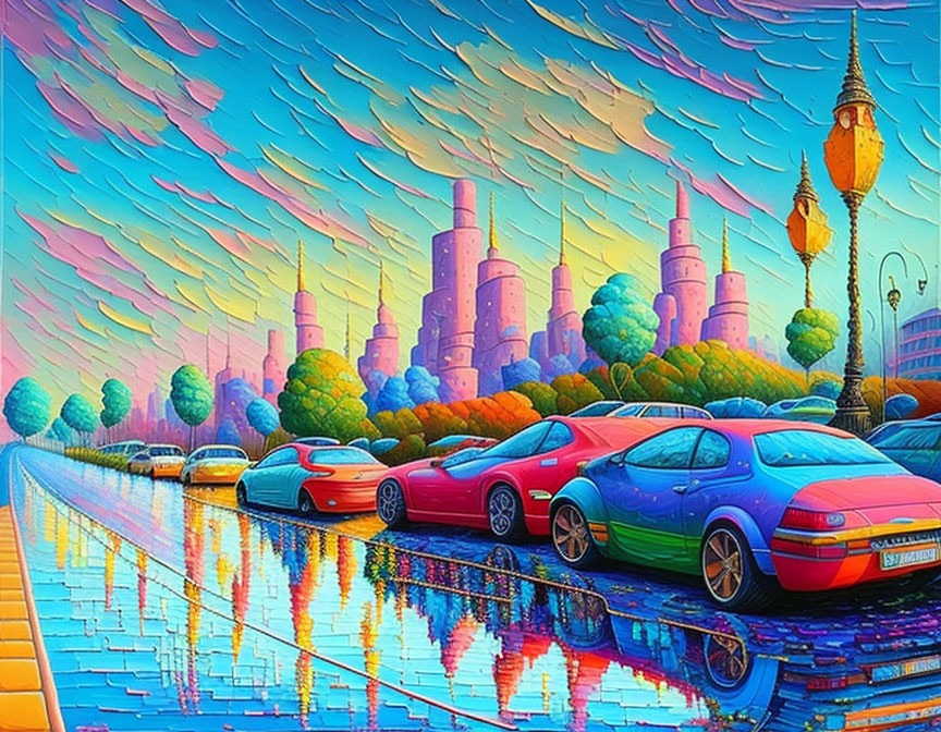 Futuristic cityscape painting with pastel buildings and colorful cars
