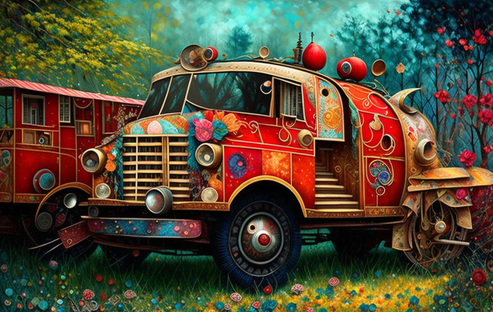 Vibrant fantasy caravan truck in lush enchanted forest