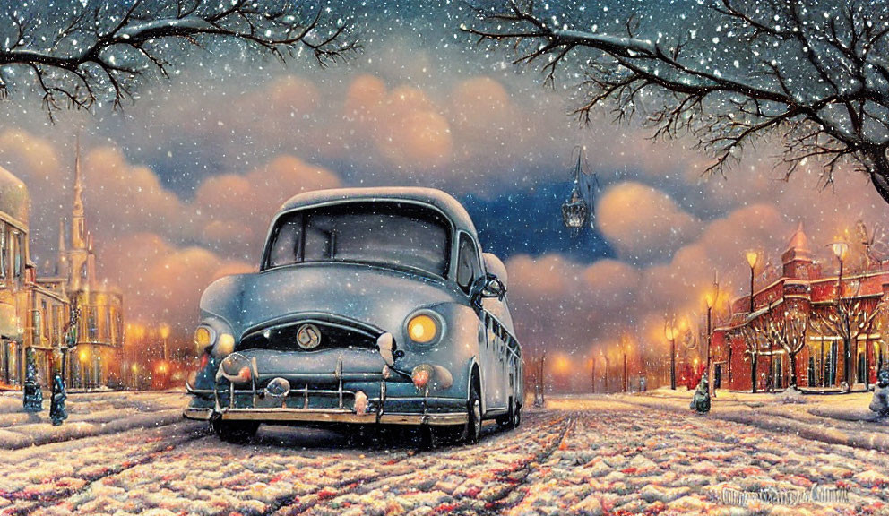 Classic Car on Snowy Street with Clock Tower and Snowfall at Dusk