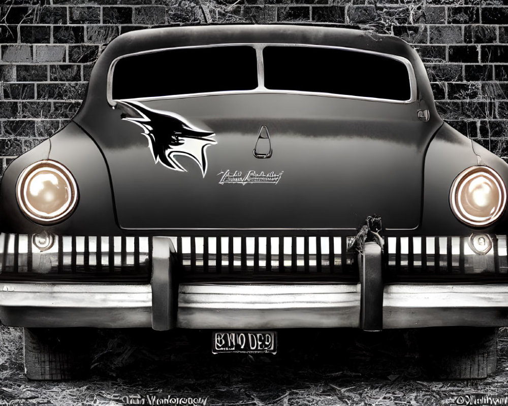 Vintage car with glowing headlights and stylized graphics on "The end" license plate in monochrome against