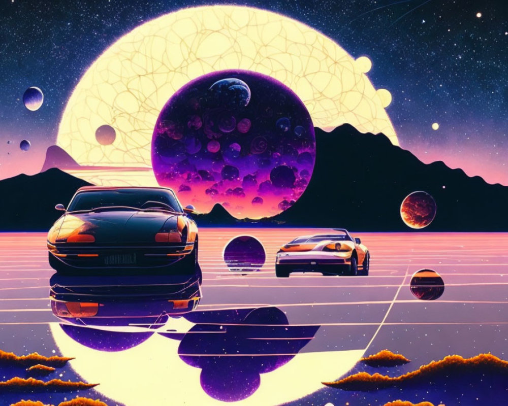 Retro-futuristic illustration of two sports cars on glass surface under purple sky