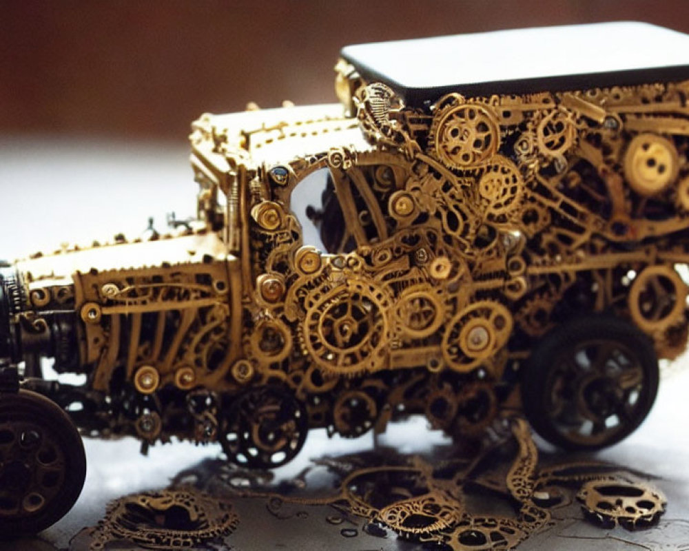 Steampunk-inspired model car with intricate gears and mechanical parts