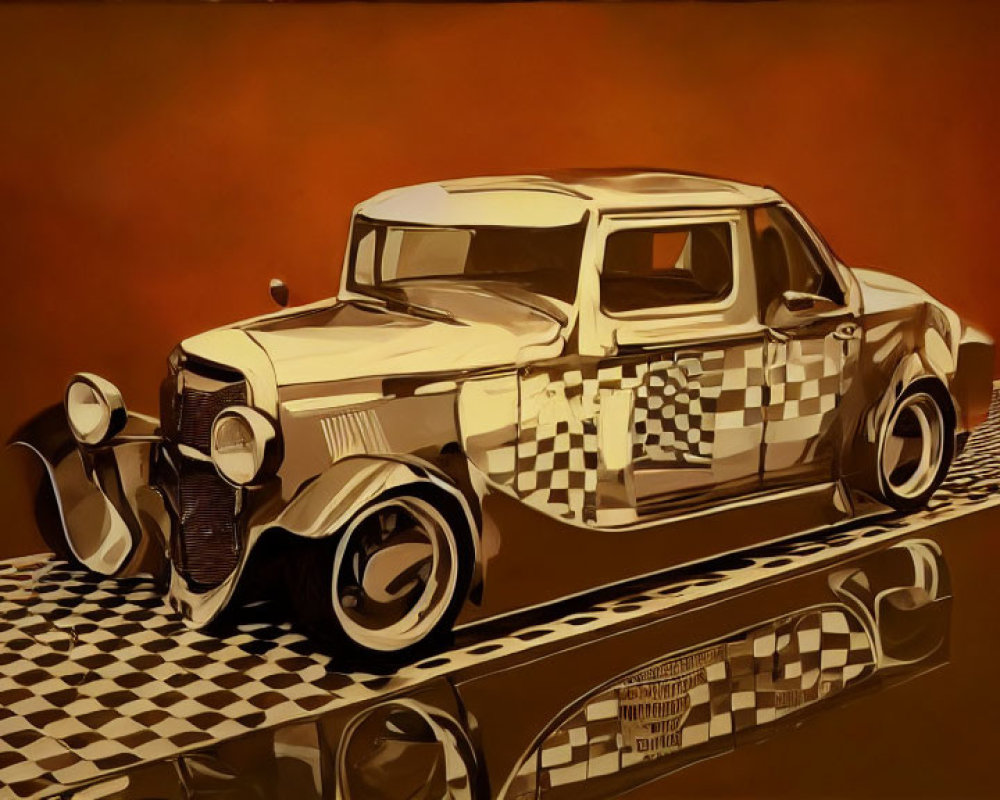 Digitally stylized classic car with checkered pattern on reflective surface against orange backdrop