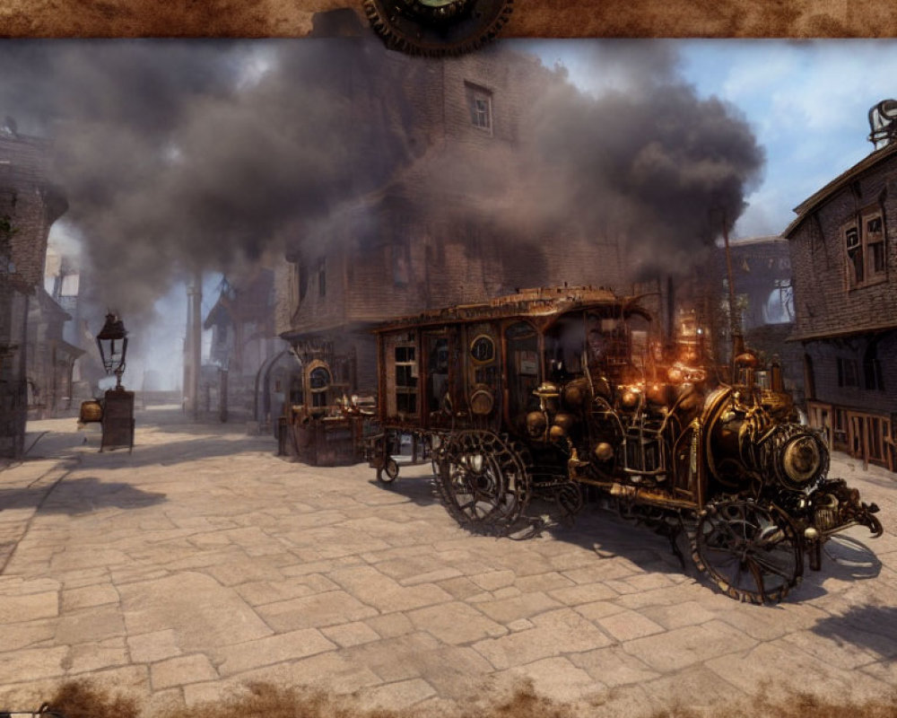 Steampunk locomotive on cobblestone street with vintage buildings and clock-filled sky.