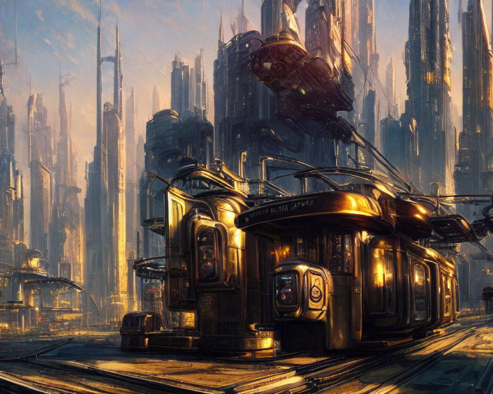 Futuristic cityscape with skyscrapers, tram, and flying vehicles at dawn