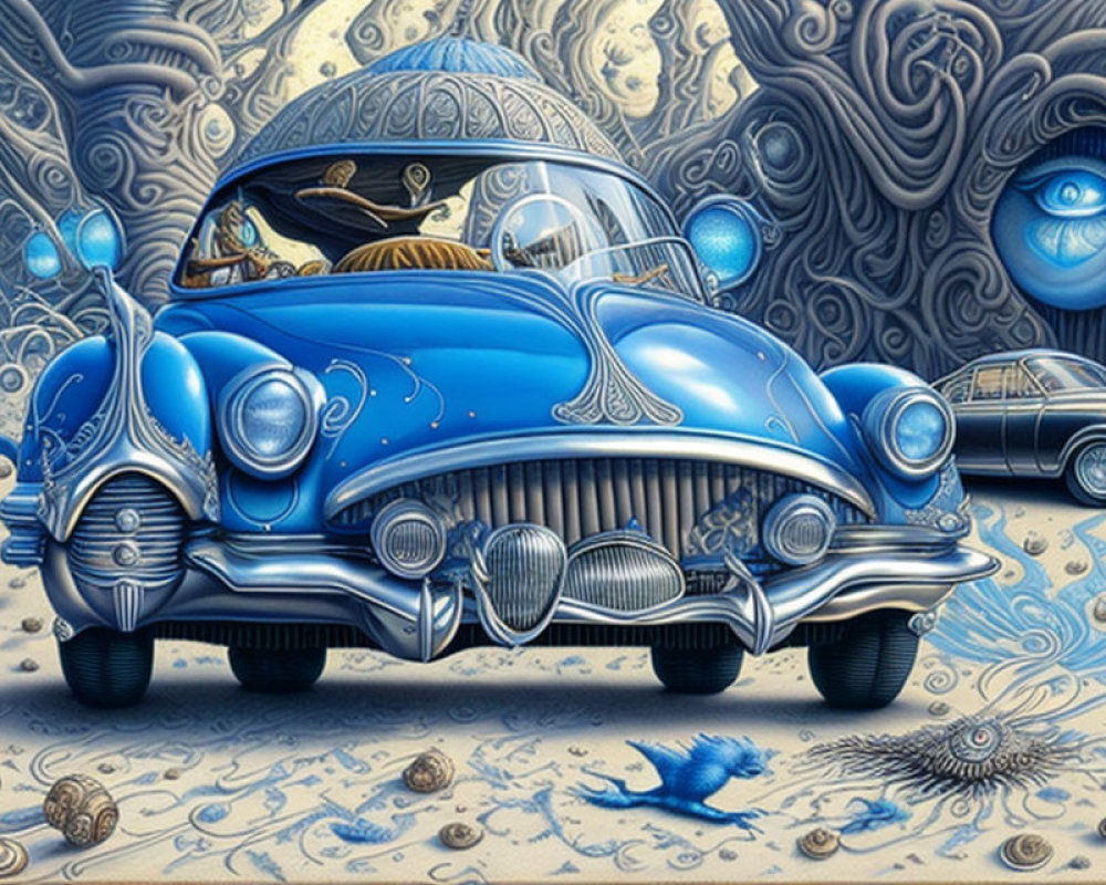 Vivid surreal illustration of classic blue car in organic environment