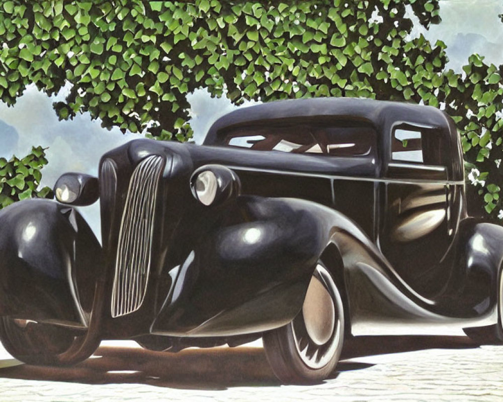 Vintage Black Car Parked on Brick Surface Under Green Trees