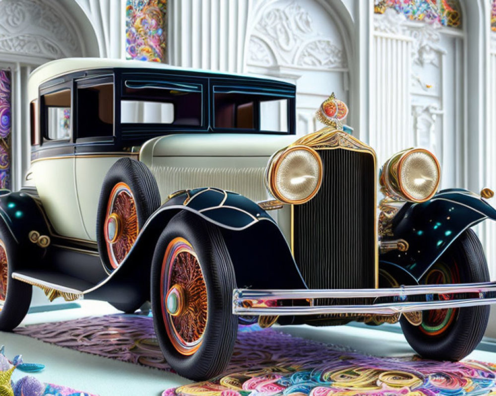 Vintage Car in Ornate Room with Elaborate Design