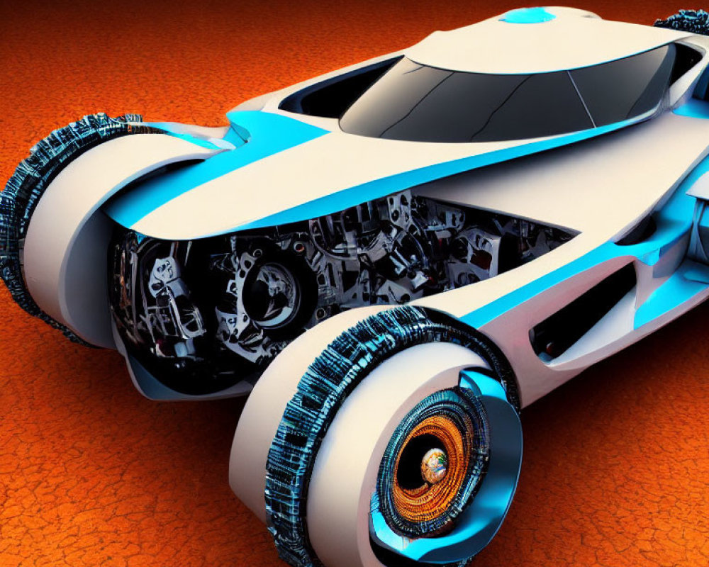Futuristic white and blue vehicle with exposed mechanical details on textured orange surface