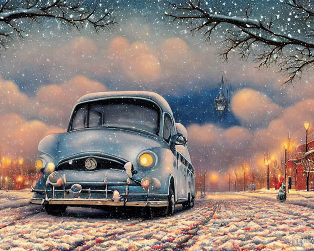 Classic Car on Snowy Street with Clock Tower and Snowfall at Dusk